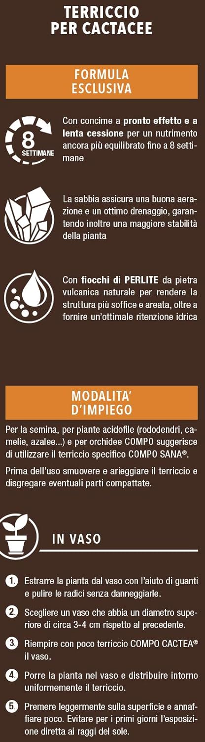 COMPO CACTEA Terriccio per Cactacee 5 l, Per una crescita omogenea delle piante