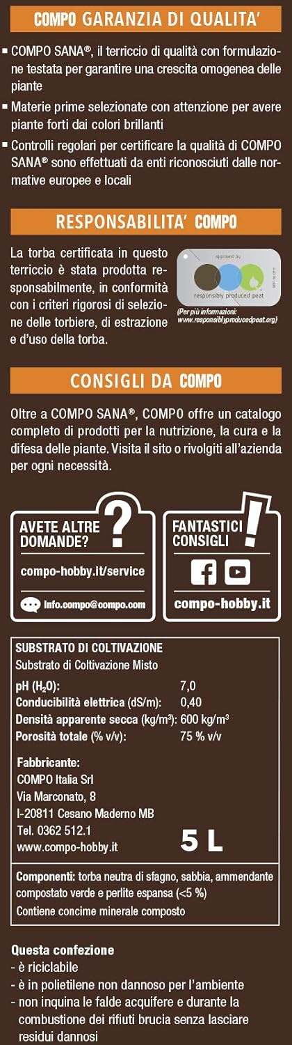 COMPO CACTEA Terriccio per Cactacee 5 l, Per una crescita omogenea delle piante