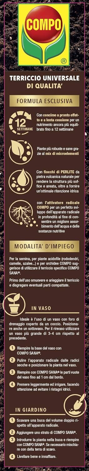 COMPO SANA COMPACT 25 lt Terriccio Universale di qualità Per piante d'appartamento balcone e giardino 25 lt