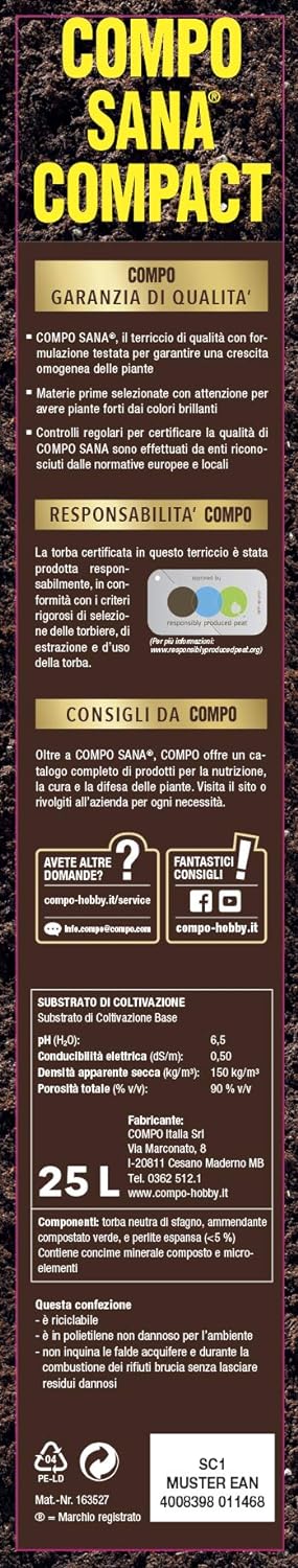 COMPO SANA COMPACT 25 lt Terriccio Universale di qualità Per piante d'appartamento balcone e giardino 25 lt