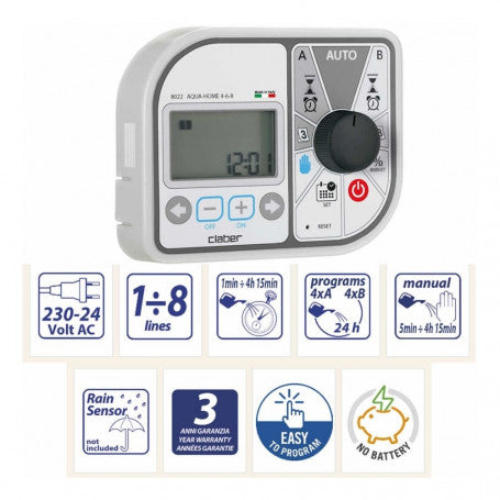 CLABER 8022 AQUA HOME 4 6 8 programmatore centralina irrigazione fino a 8 linee
