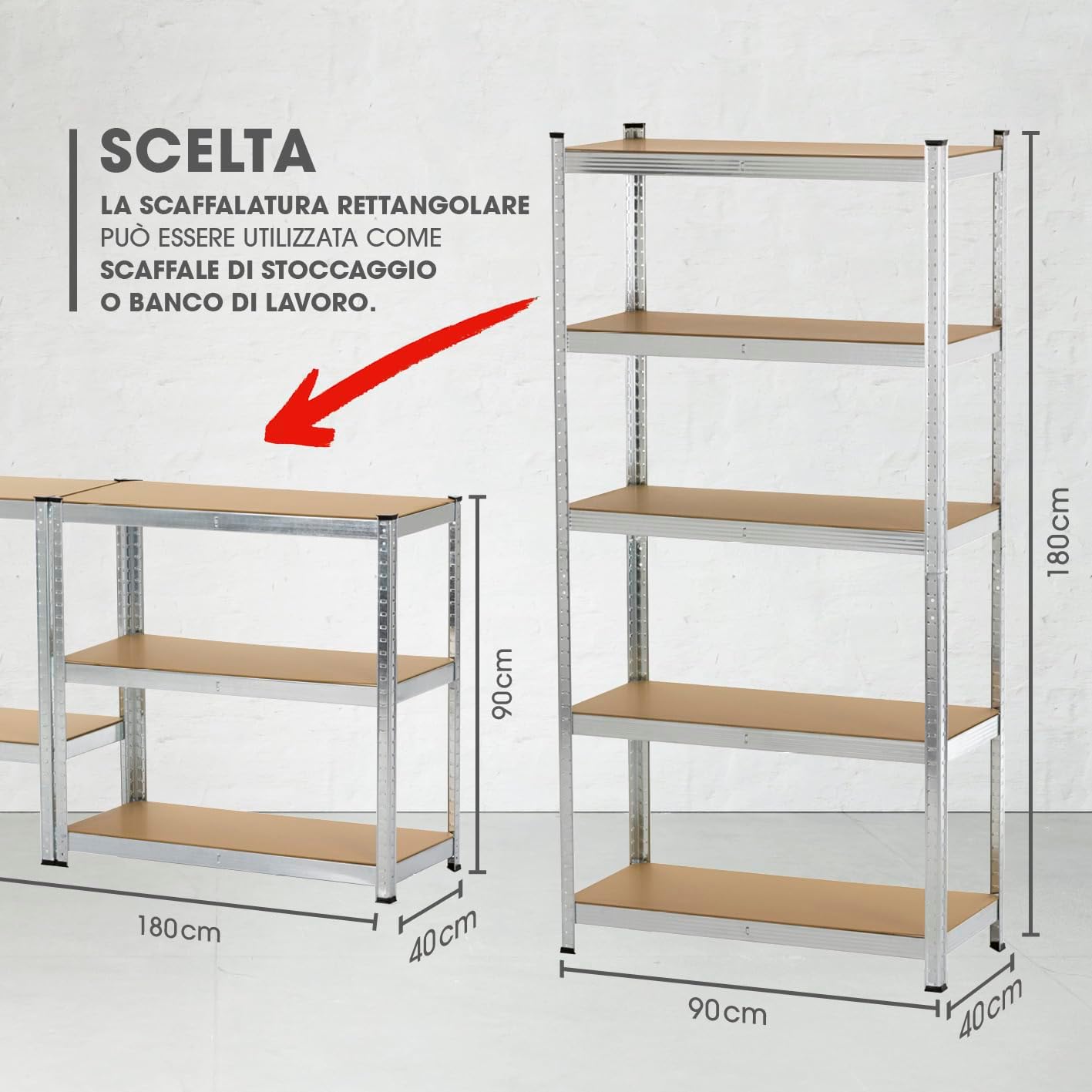 Scaffale Metallo Zincato 5 Ripiani MDF Scaffalatura Carichi Pesanti 180x90x40