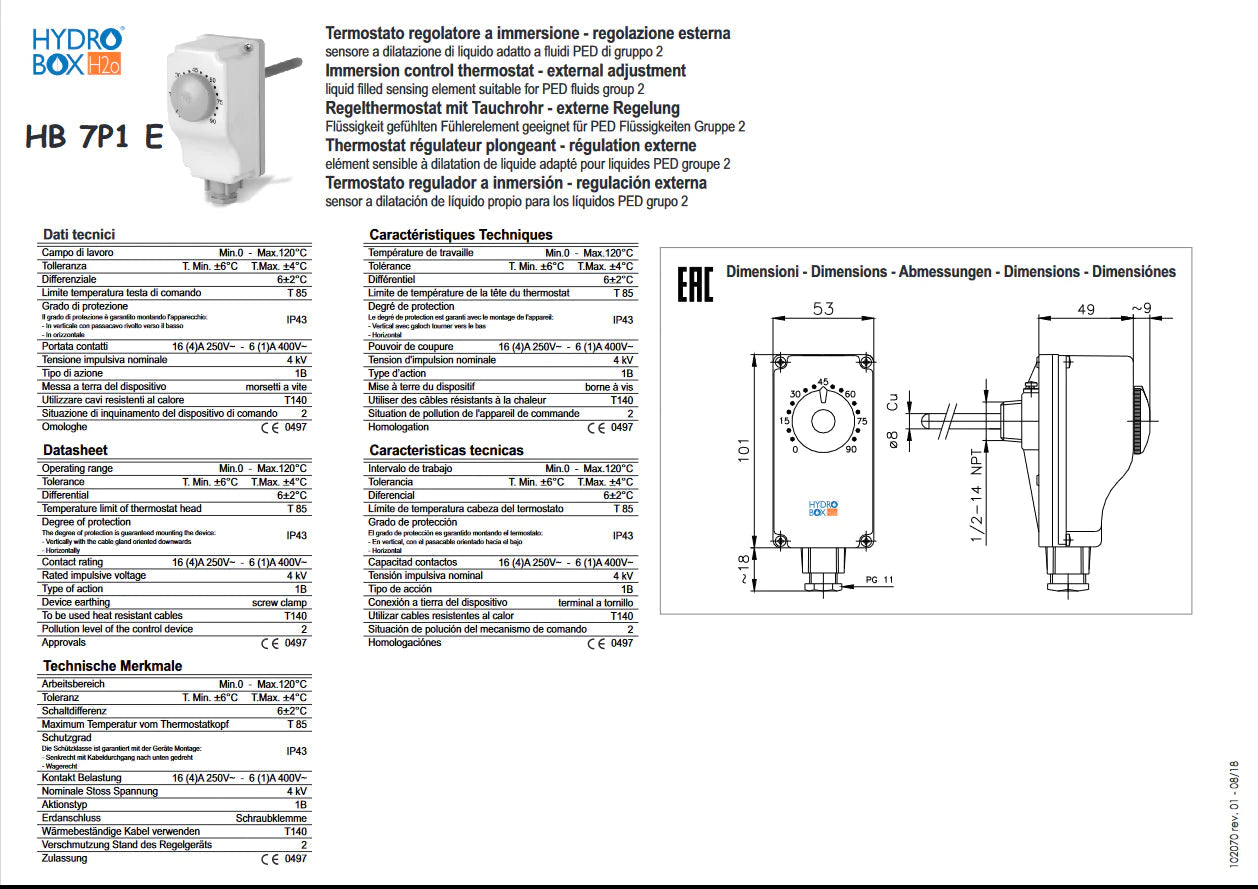 Termostato ad immersione 0-90°C regolazione esterna HB 7P1 E - 102070