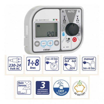 CLABER 8022 AQUA HOME 4 6 8 programmatore centralina irrigazione fino a 8 linee