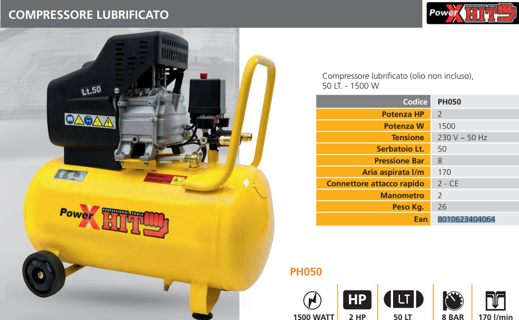 COMPRESSORE LUBRIFICATO OLIO 50Lt 2 MANOMETRI 2 CONNETTORI MISTRAL