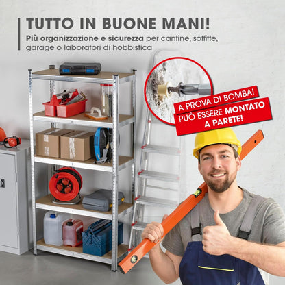 Scaffale Metallo Zincato 5 Ripiani MDF Scaffalatura Carichi Pesanti 180x90x40