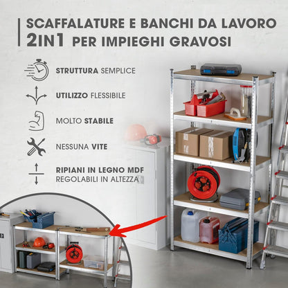Scaffale Metallo Zincato 5 Ripiani MDF Scaffalatura Carichi Pesanti 180x90x40