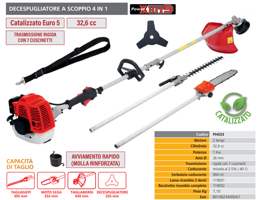 DECESPUGLIATORE A SCOPPIO 4 IN 1 TAGLIARAMI TAGLIAERBA TAGLIASIEPI POTATORE 33CC