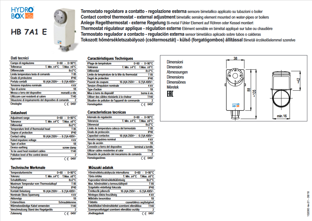 Termostato a contatto 0-90°C regolazione esterna HB 7A1 E - 102060
